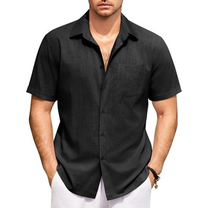 COOFANDY Mens Short Sleeve Cotton Button Down Shirts Linen Beach Shirts(Dark Black)