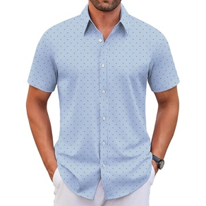 COOFANDY Men’s Stretch Dress Shirts Short Sleeve Wrinkle Free Casual Button Down Shirts(Blue Stripes – Black Dots)