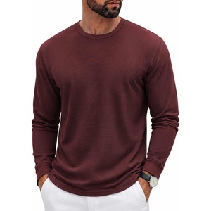 COOFANDY Mens Waffle Long Sleeve Shirt Crew Neck Cotton Blend Basic T Shirt(Wine Red)