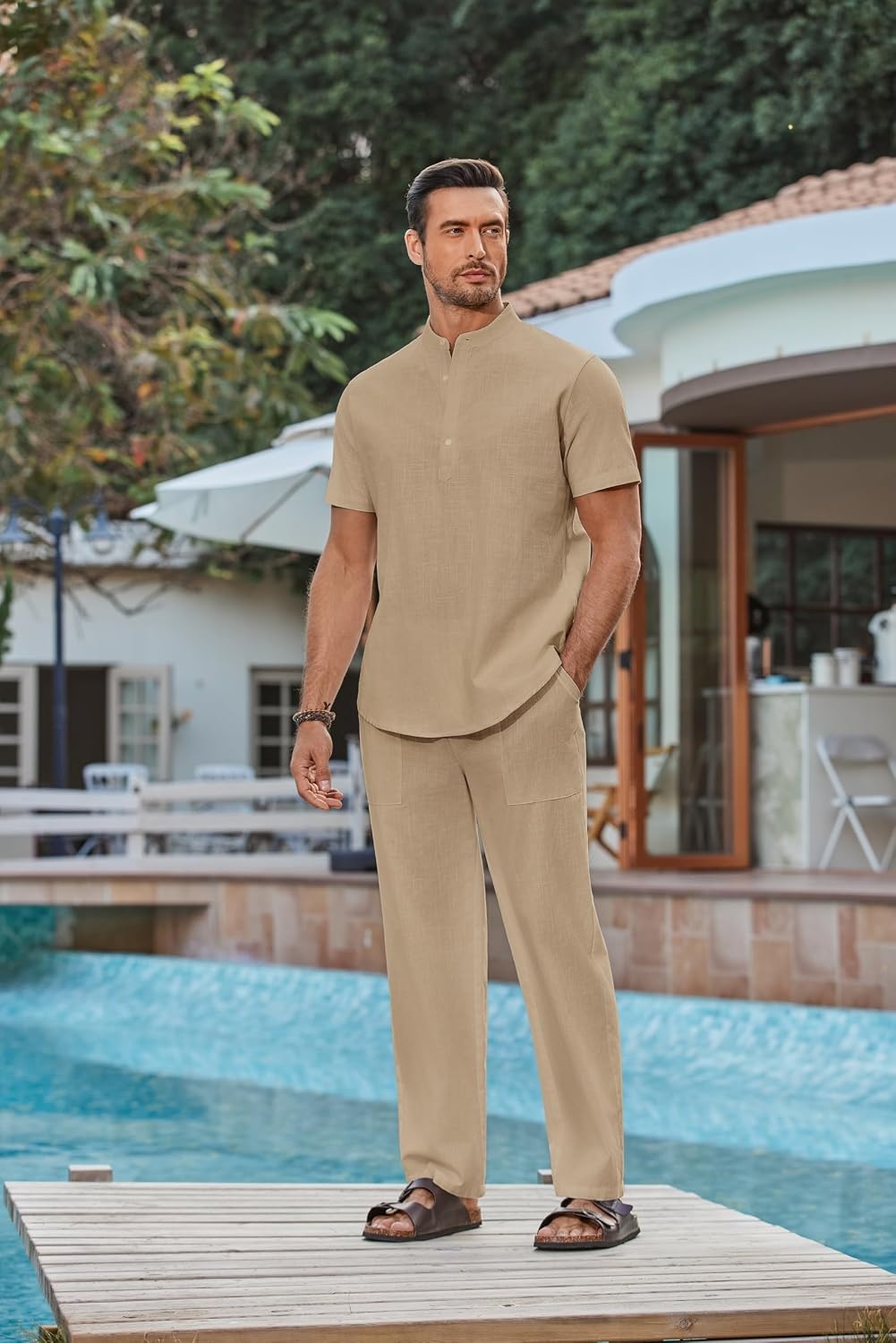image:imageCOOFANDY Mens 2 Piece Cotton Linen Sets Beach Outfits Pants and Shirt SetAkhaki