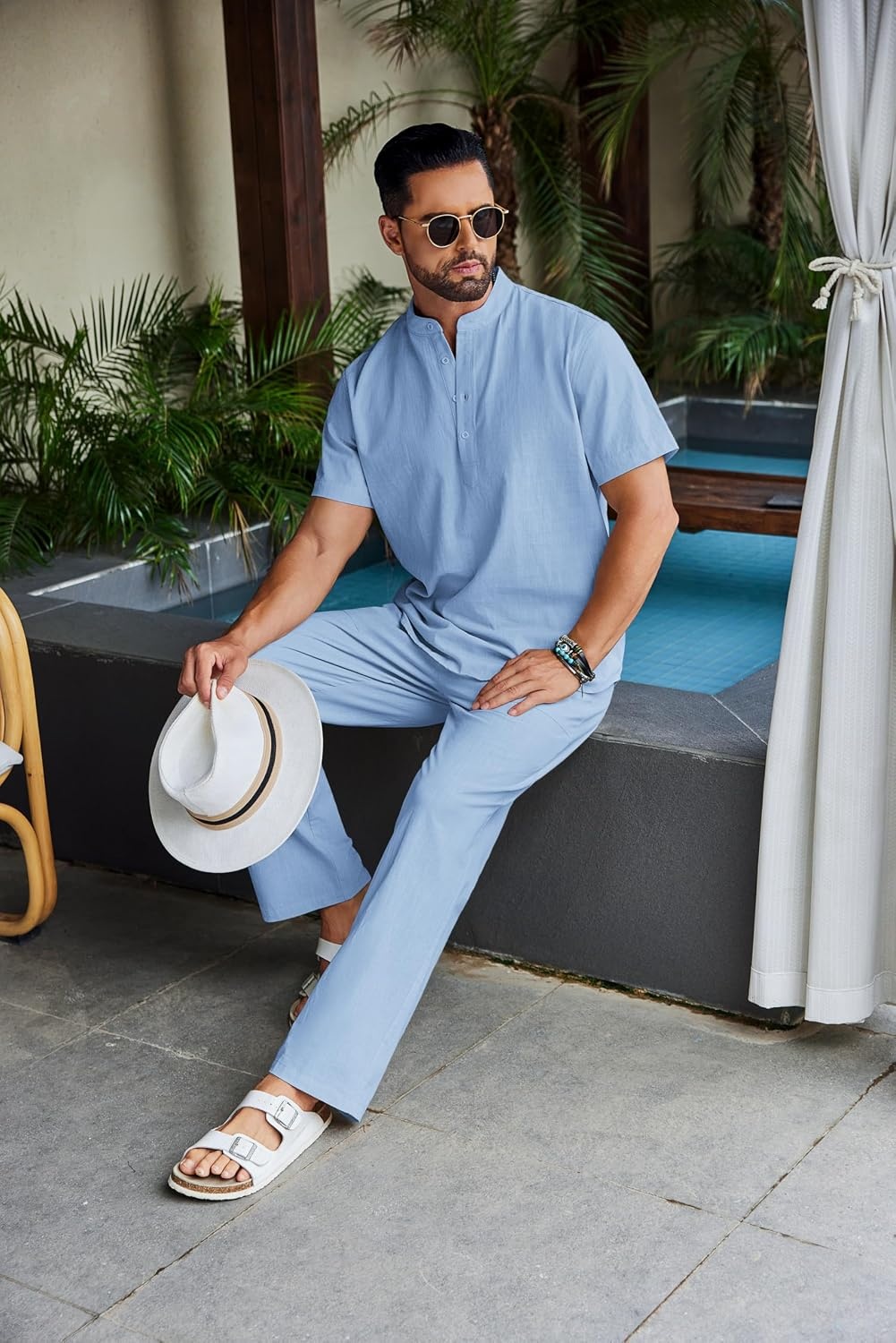 image:imageCOOFANDY Mens 2 Piece Cotton Linen Sets Beach Outfits Pants and Shirt SetZblue