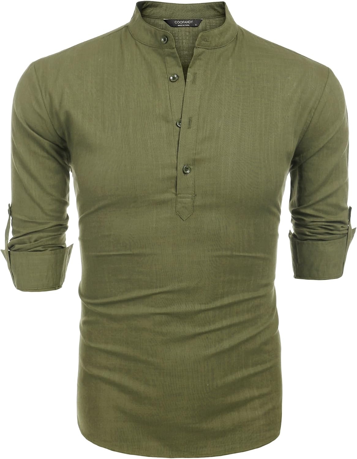 image:imageCOOFANDY Mens Cotton Linen Henley TShirts Long Sleeve Casual Beach ShirtsArmy Green
