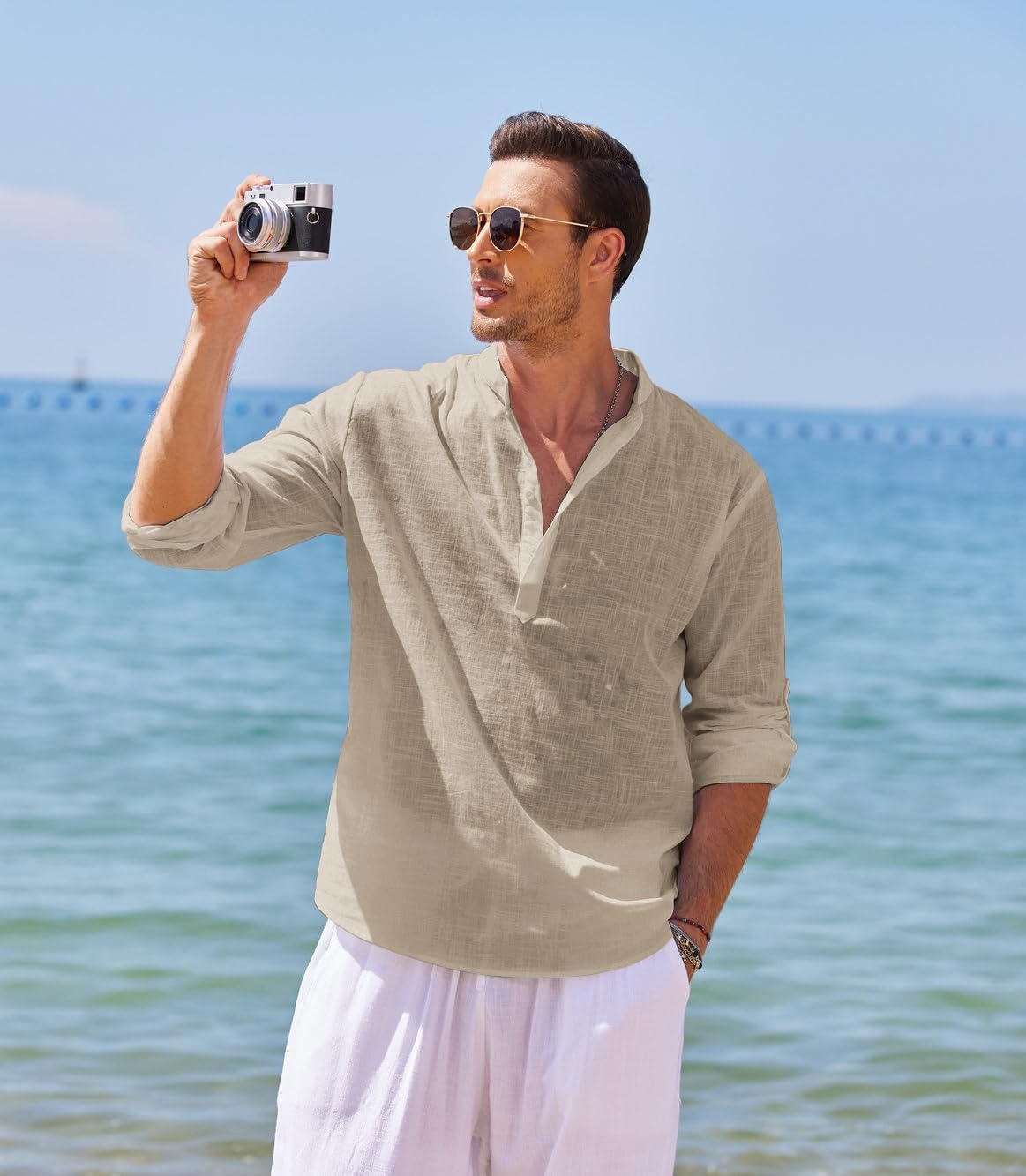 image:imageCOOFANDY Mens Cotton Linen Henley TShirts Long Sleeve Casual Beach ShirtsKhaki