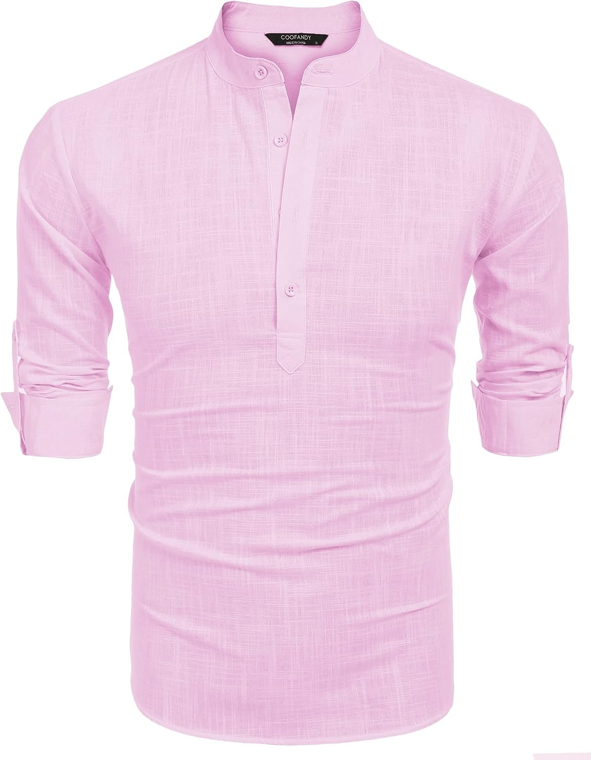 image:imageCOOFANDY Mens Cotton Linen Henley TShirts Long Sleeve Casual Beach ShirtsPink