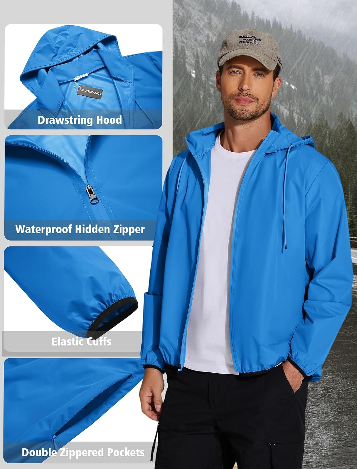 image:imageCOOFANDY Mens Light Rain Jacket Packable Waterproof Raincoat WindbreakerBlue