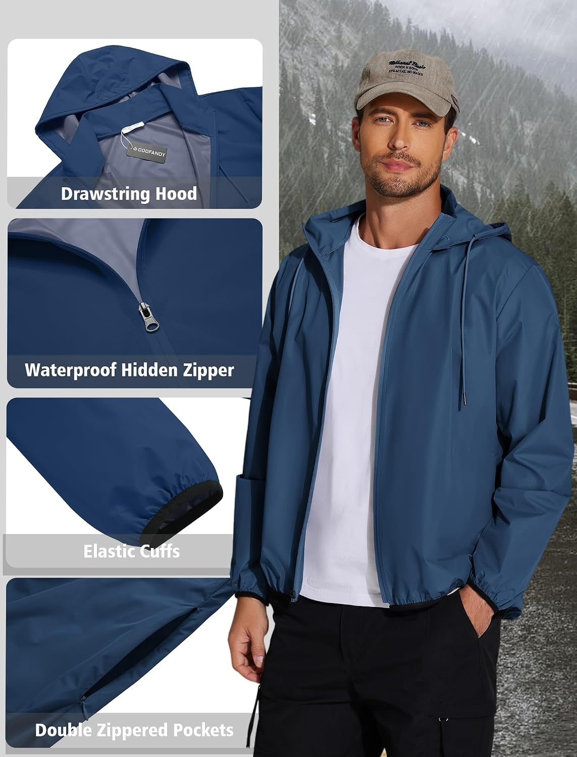 image:imageCOOFANDY Mens Light Rain Jacket Packable Waterproof Raincoat WindbreakerNavy Blue
