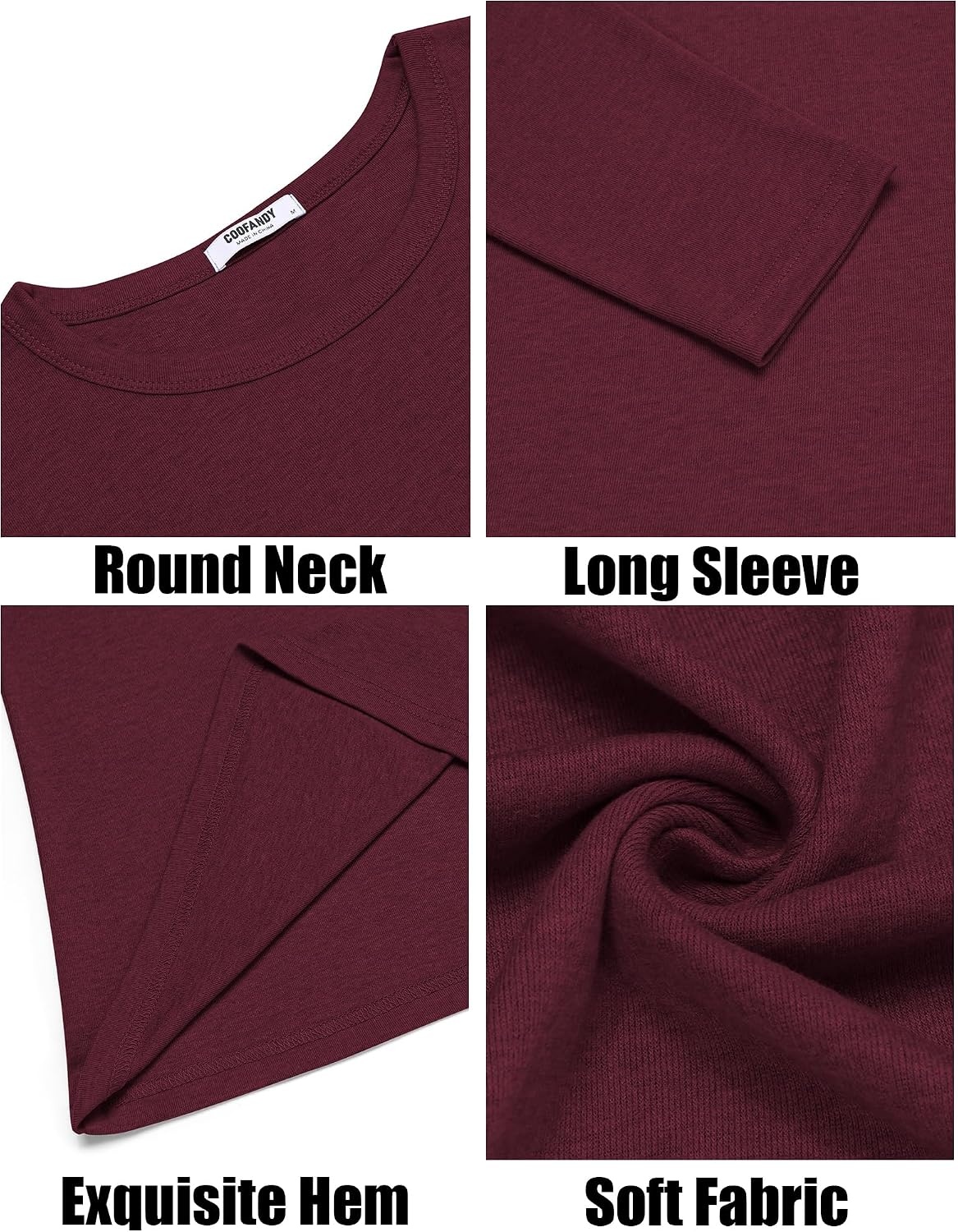 image:imageCOOFANDY Mens Long Sleeve Tee Shirts Crew Neck Casual Soft TeesHeather Burgundy