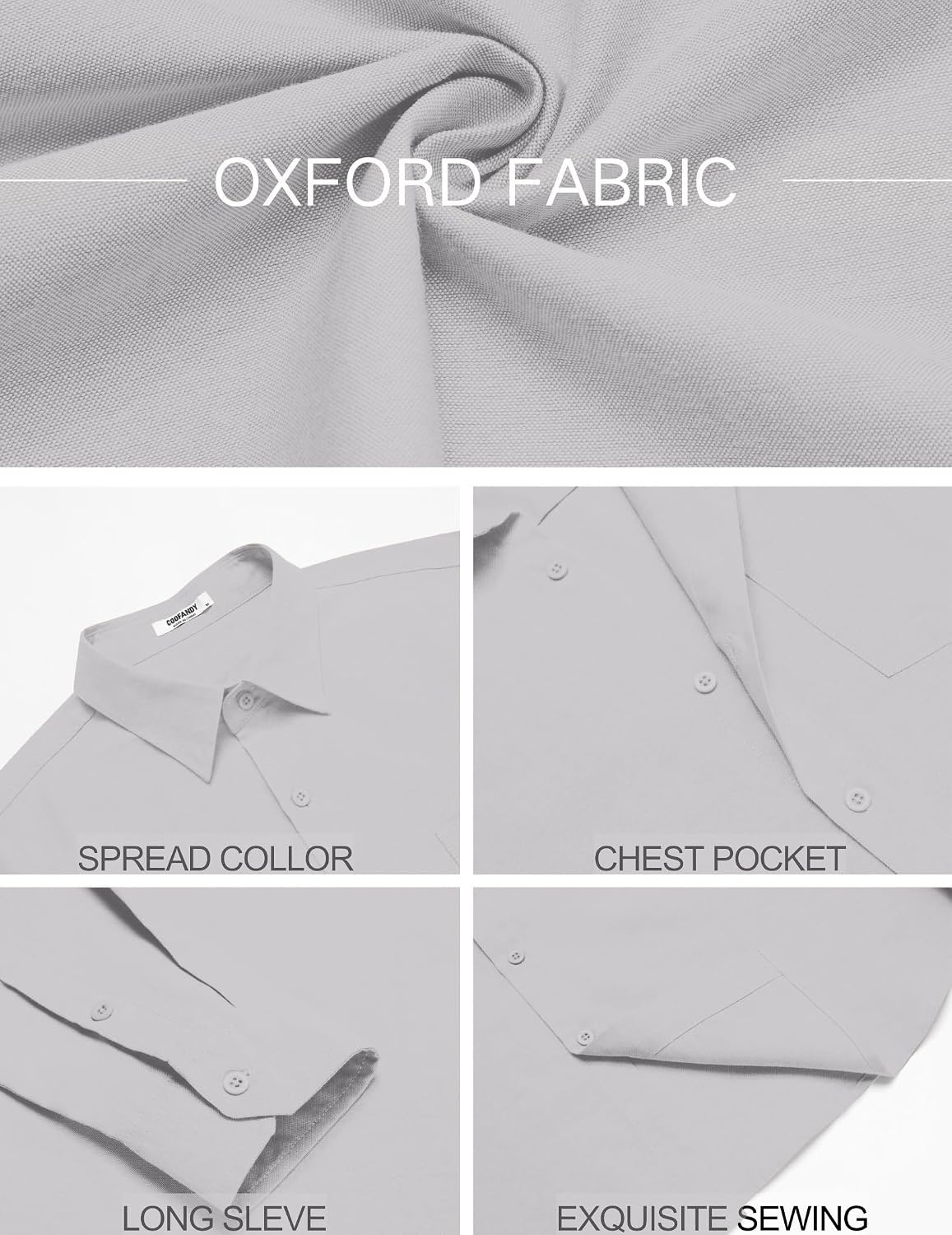 image:imageCOOFANDY Mens Oxford Shirt Long Sleeve Casual Button Down Shirts Soild Dress Shirts with PocketGrey