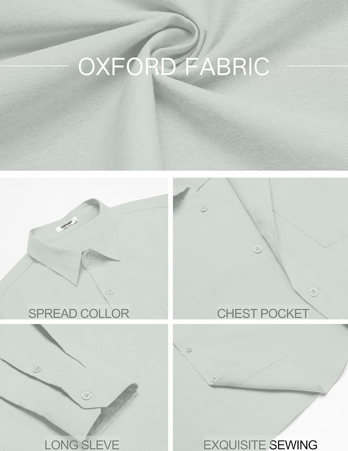 image:imageCOOFANDY Mens Oxford Shirt Long Sleeve Casual Button Down Shirts Soild Dress Shirts with PocketLight Green