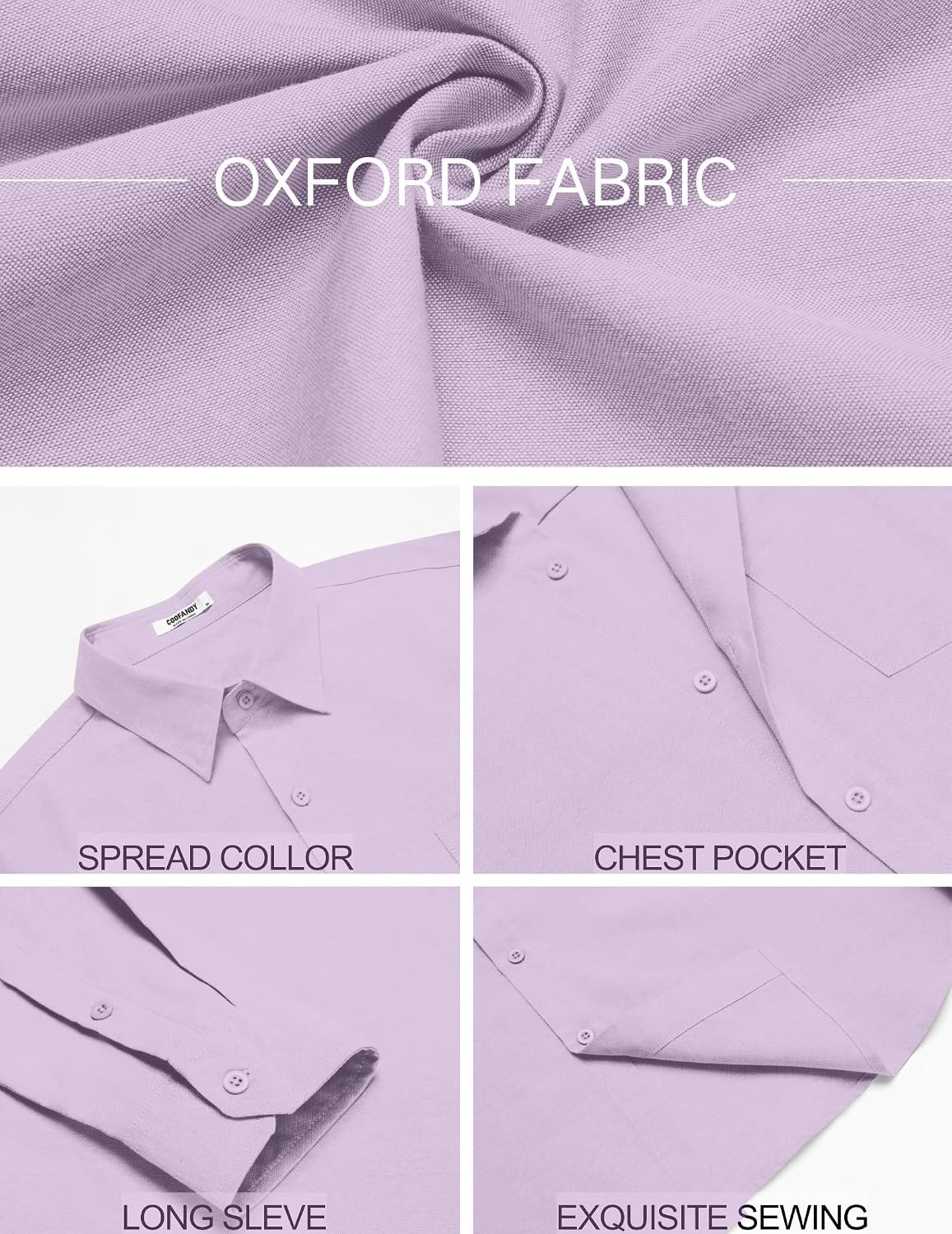 image:imageCOOFANDY Mens Oxford Shirt Long Sleeve Casual Button Down Shirts Soild Dress Shirts with PocketLight Purple