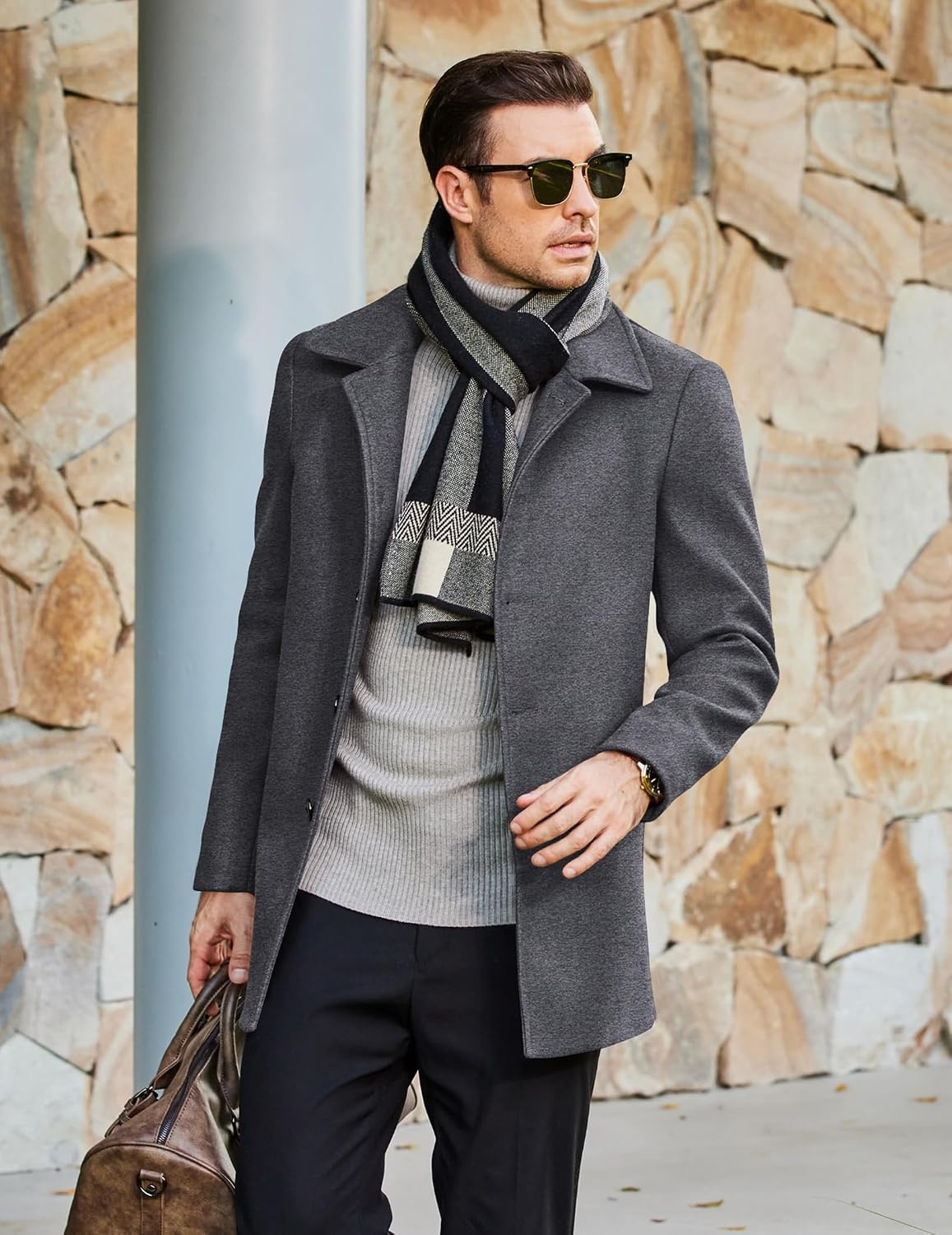 image:imageCOOFANDY Mens Pea Coat Slim Fit Winter Overcoat Mid Length Trench CoatDark Grey