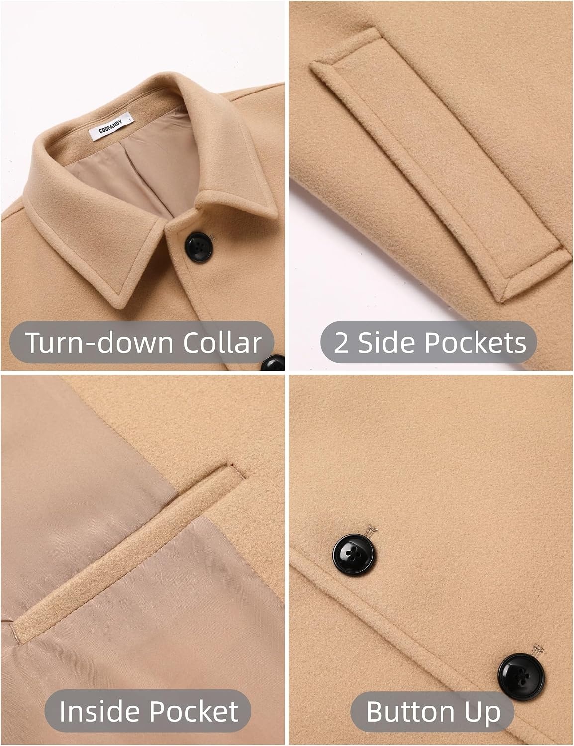 image:imageCOOFANDY Mens Pea Coat Slim Fit Winter Overcoat Mid Length Trench CoatKhaki