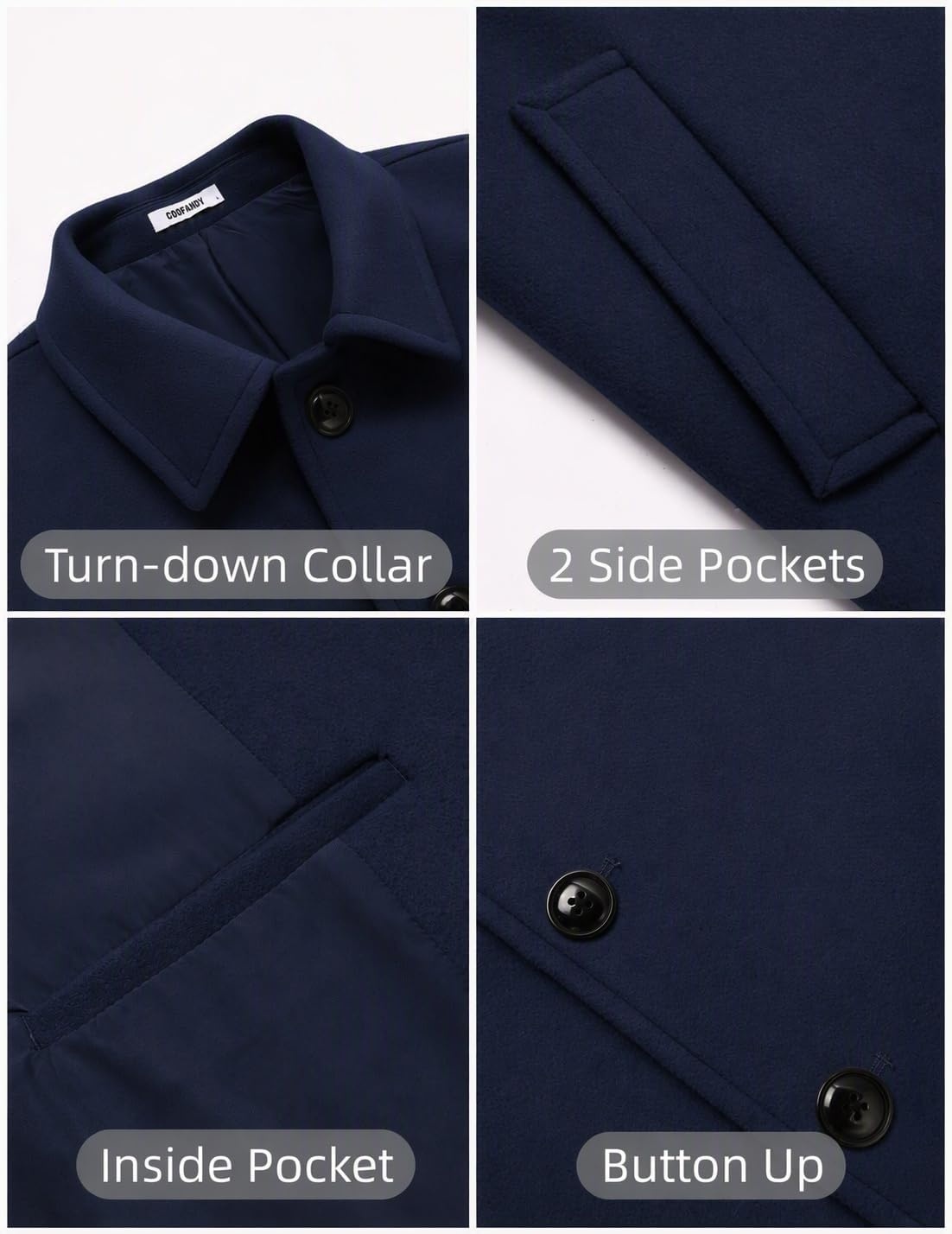 image:imageCOOFANDY Mens Pea Coat Slim Fit Winter Overcoat Mid Length Trench CoatNavy Blue
