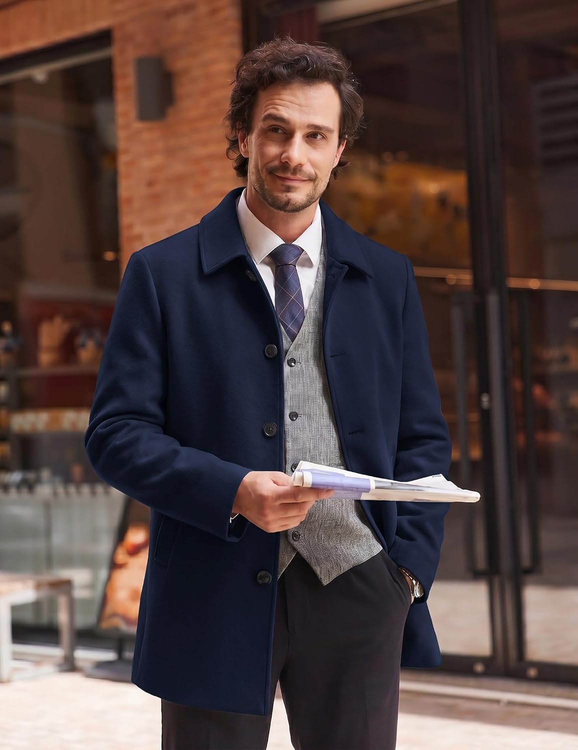 image:imageCOOFANDY Mens Pea Coat Slim Fit Winter Overcoat Mid Length Trench CoatNavy Blue