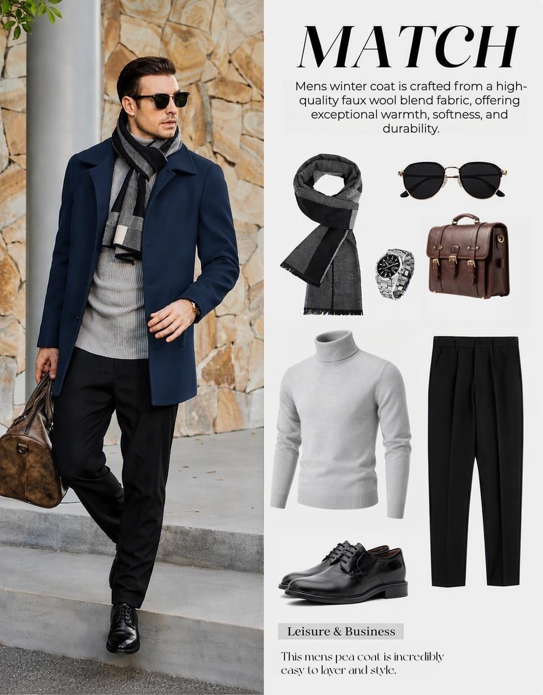 image:imageCOOFANDY Mens Pea Coat Slim Fit Winter Overcoat Mid Length Trench CoatNavy Blue