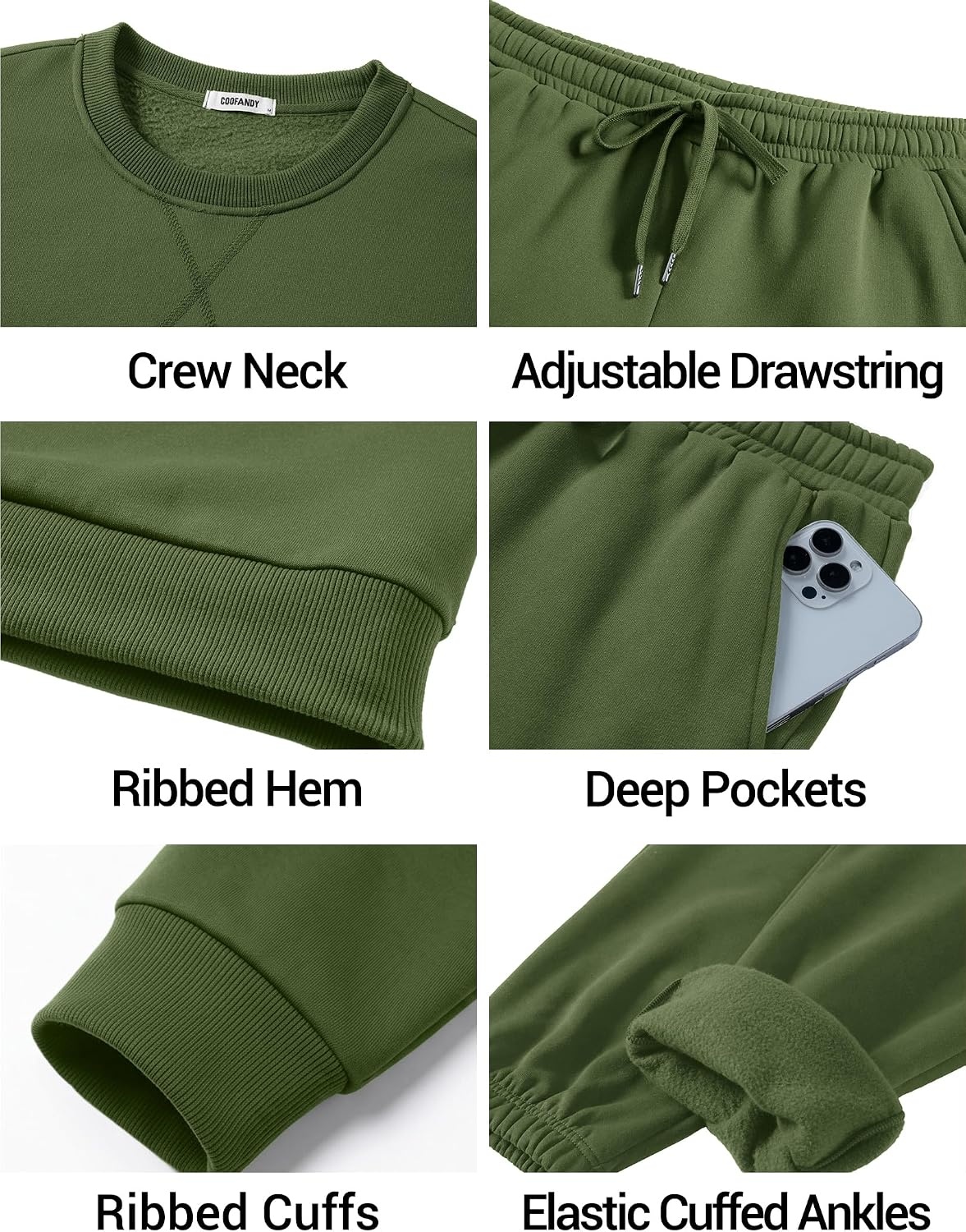 image:imageCOOFANDY Mens Sweatsuit Set Fleece Crewneck Sweatshirt and Jogger PantsArmy Green