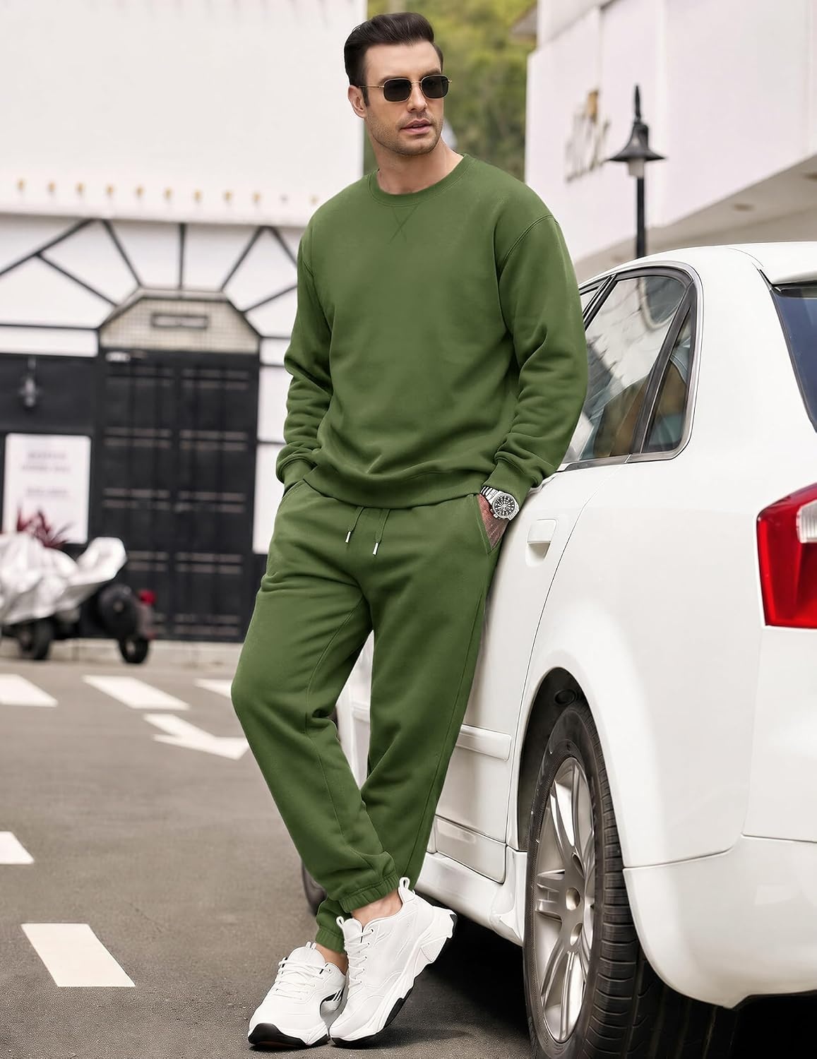 image:imageCOOFANDY Mens Sweatsuit Set Fleece Crewneck Sweatshirt and Jogger PantsArmy Green