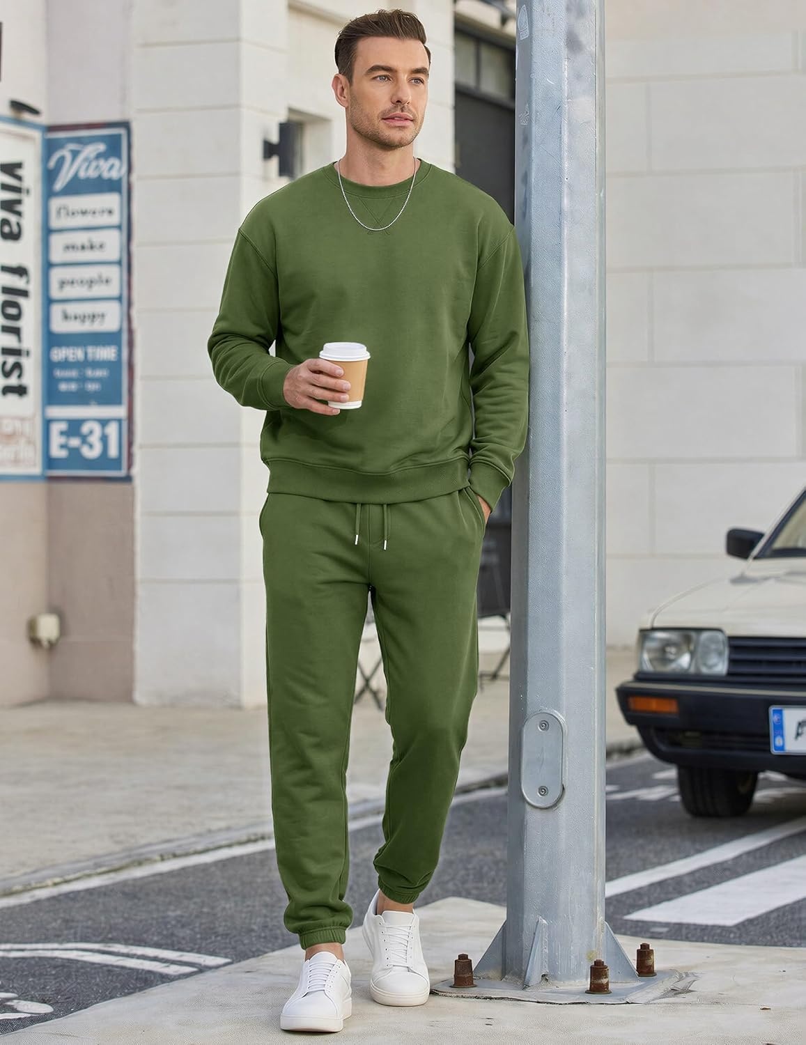 image:imageCOOFANDY Mens Sweatsuit Set Fleece Crewneck Sweatshirt and Jogger PantsArmy Green