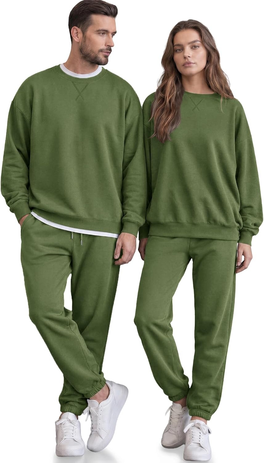 image:imageCOOFANDY Mens Sweatsuit Set Fleece Crewneck Sweatshirt and Jogger PantsArmy Green