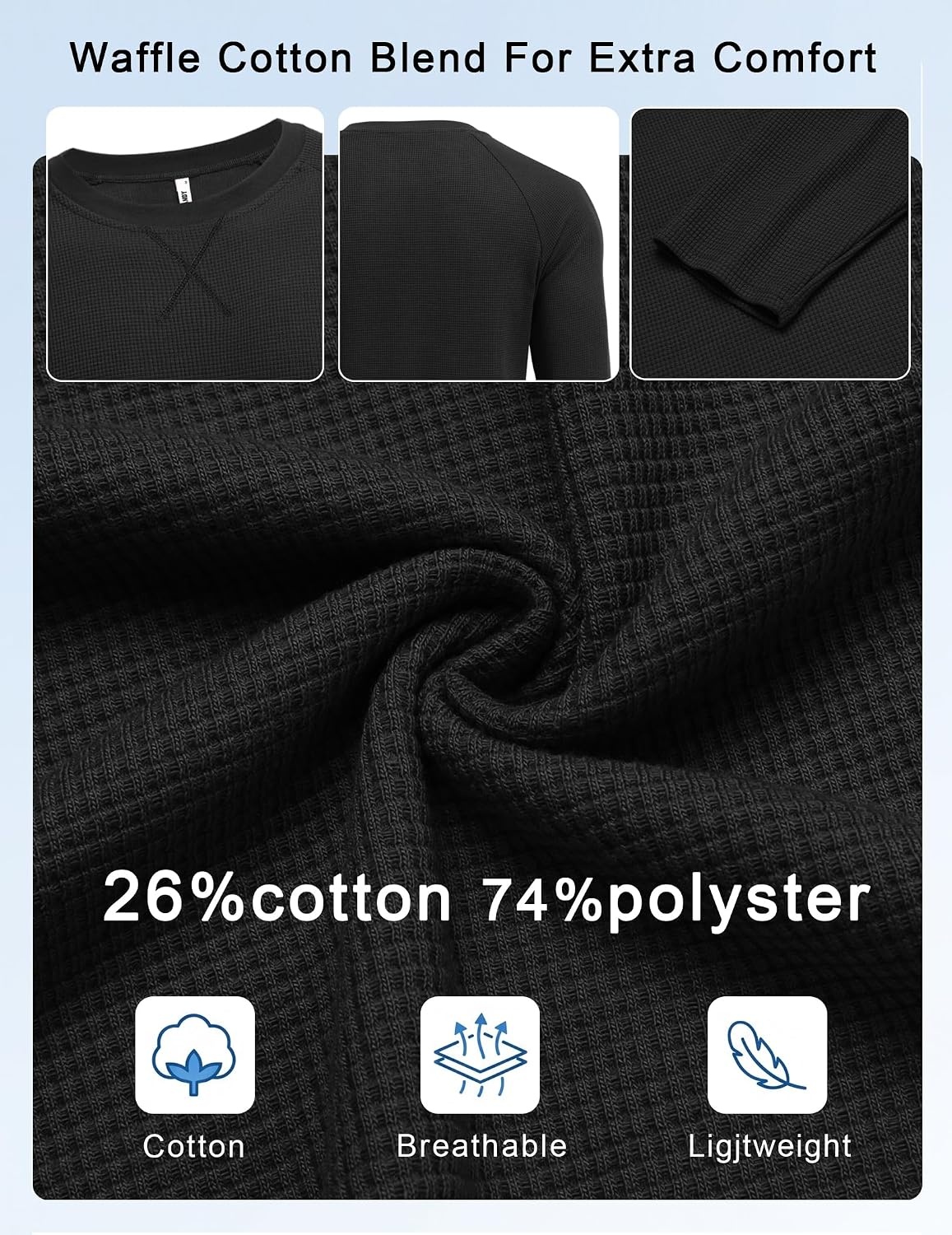 image:imageCOOFANDY Mens Waffle Long Sleeve Shirt Crew Neck TShirts Cotton Tee ShirtsBlack