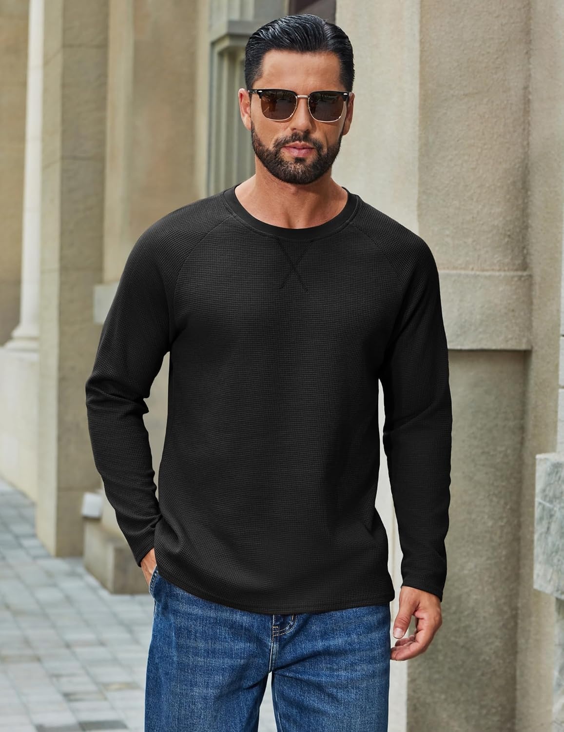 image:imageCOOFANDY Mens Waffle Long Sleeve Shirt Crew Neck TShirts Cotton Tee ShirtsBlack