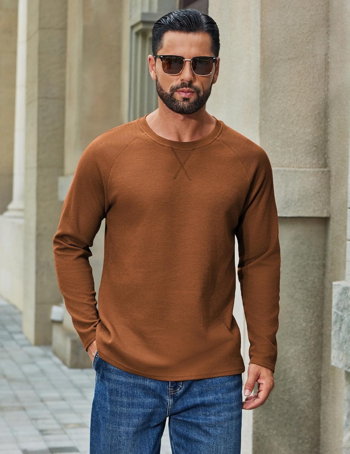 image:imageCOOFANDY Mens Waffle Long Sleeve Shirt Crew Neck TShirts Cotton Tee ShirtsBrown