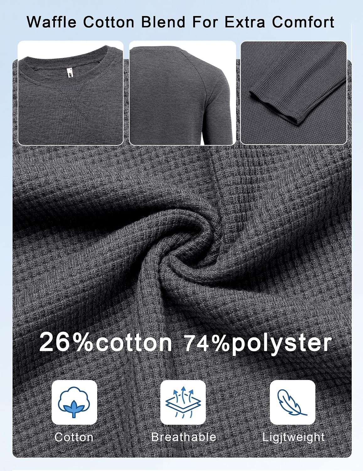 image:imageCOOFANDY Mens Waffle Long Sleeve Shirt Crew Neck TShirts Cotton Tee ShirtsDark Grey