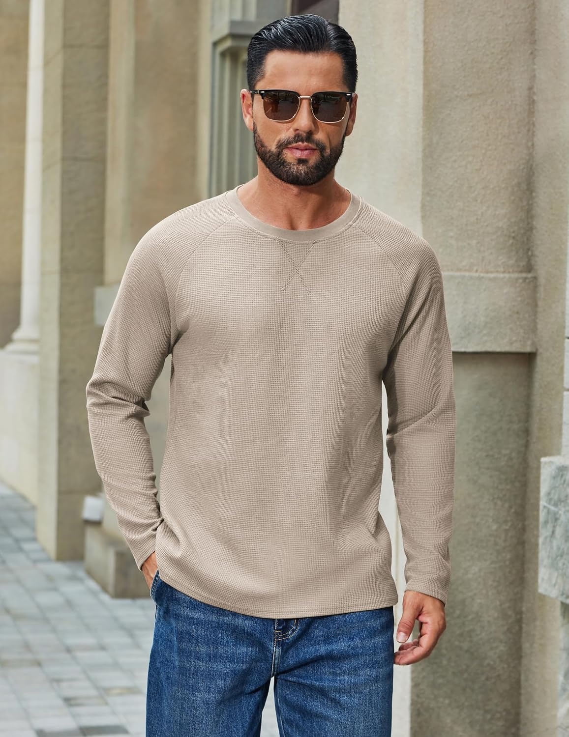 image:imageCOOFANDY Mens Waffle Long Sleeve Shirt Crew Neck TShirts Cotton Tee ShirtsLight Khaki