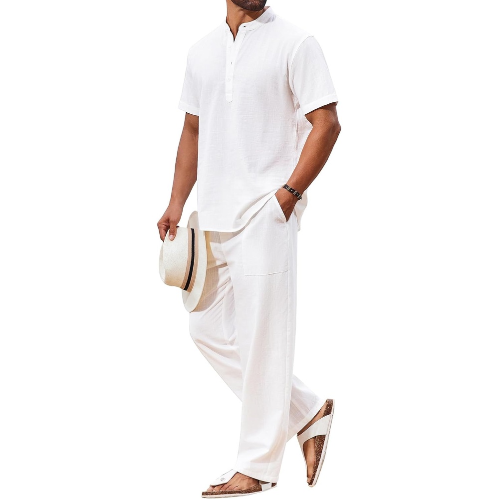 image:imageCOOFANDY Mens 2 Piece Cotton Linen Sets Beach Outfits Pants and Shirt SetAwhite