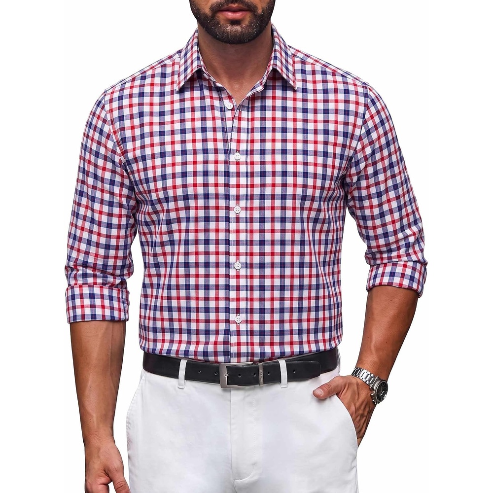 image:imageCOOFANDY Mens Button Down Long Sleeve Plaid Cotton Wrinkle Free Dress ShirtRed Check