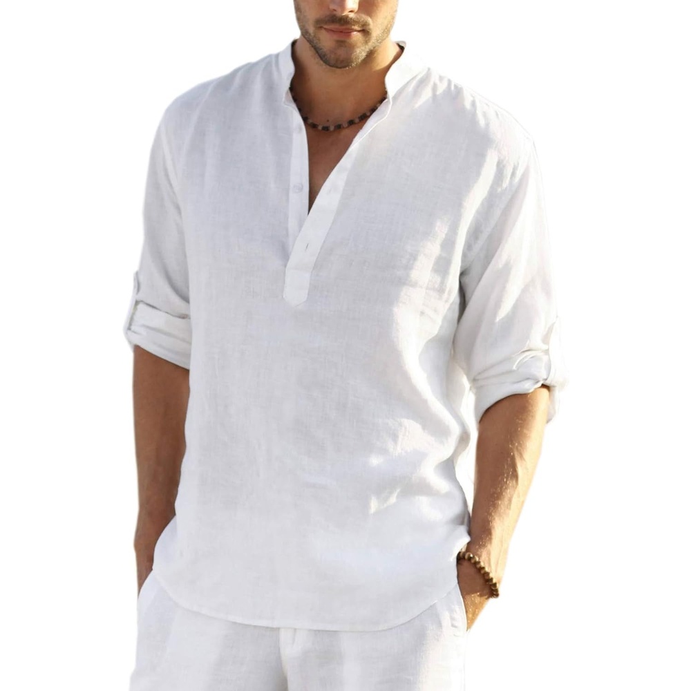 image:imageCOOFANDY Mens Cotton Linen Henley TShirts Long Sleeve Casual Beach Shirts01white