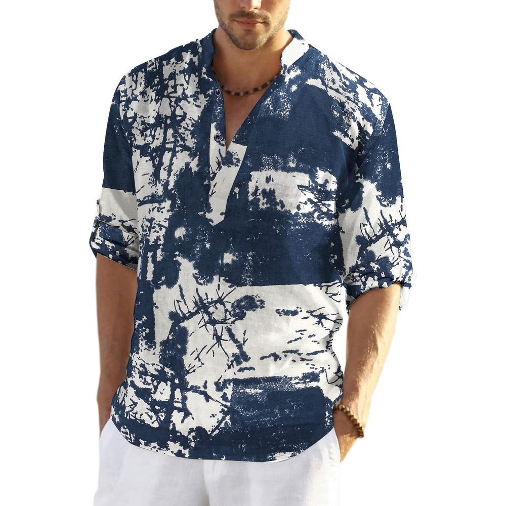 image:imageCOOFANDY Mens Cotton Linen Henley TShirts Long Sleeve Casual Beach ShirtsNavy Tiedye