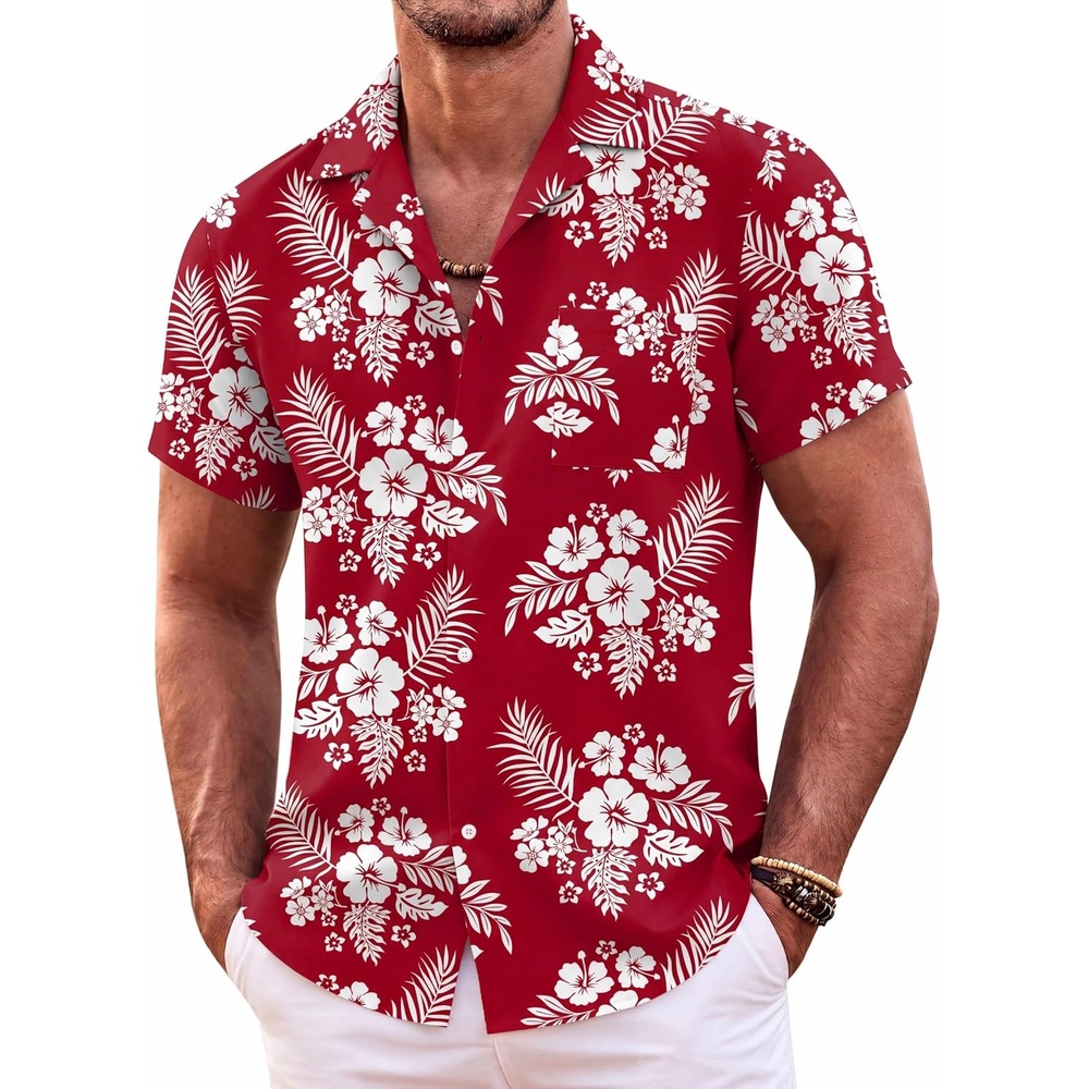 image:imageCOOFANDY Mens Hawaiian Shirt Short Sleeve Floral Button Down Shirts Tropical Summer Beach Shirts Camp Collar ShirtRedwhite Floral