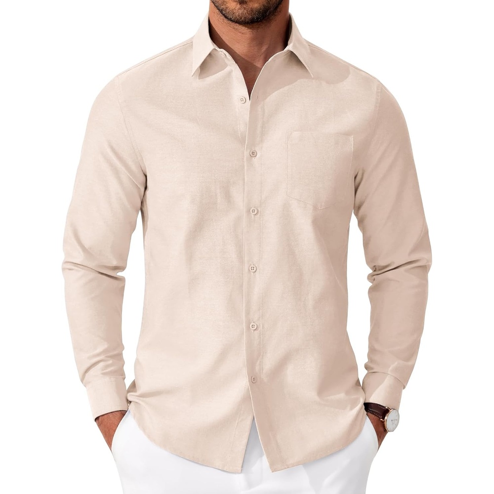 image:imageCOOFANDY Mens Oxford Shirt Long Sleeve Casual Button Down Shirts Soild Dress Shirts with PocketBeige