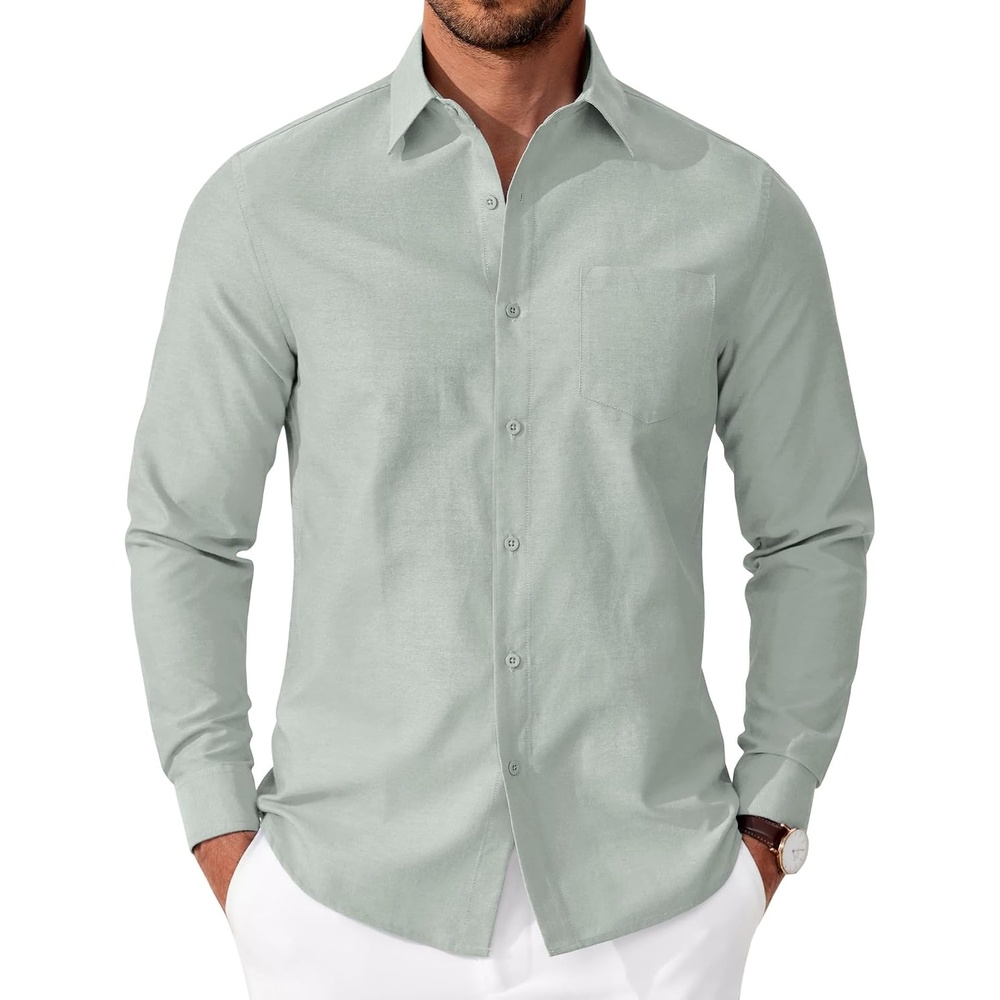 image:imageCOOFANDY Mens Oxford Shirt Long Sleeve Casual Button Down Shirts Soild Dress Shirts with PocketLight Green