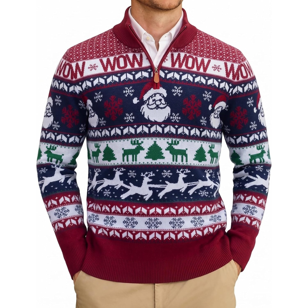 image:imageCOOFANDY Mens Ugly Christmas Sweater Quarter Zip Holiday Xmas Knit PulloverSanta Wow