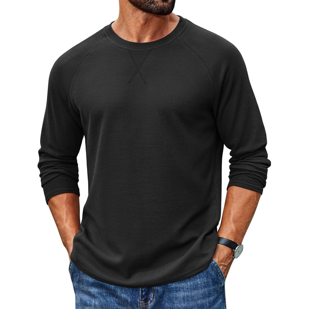 image:imageCOOFANDY Mens Waffle Long Sleeve Shirt Crew Neck TShirts Cotton Tee ShirtsBlack