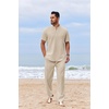 COOFANDY Men’s 2 Piece Cotton Linen Sets Beach Outfits Pants and Shirt Set(Light Khaki)
