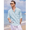 COOFANDY Men’s Cotton Linen Henley T-Shirts Long Sleeve Casual Beach Shirts(Blue)