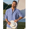 COOFANDY Men’s Cotton Linen Henley T-Shirts Long Sleeve Casual Beach Shirts(Blue Striped)