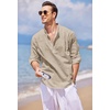 COOFANDY Men’s Cotton Linen Henley T-Shirts Long Sleeve Casual Beach Shirts(Khaki.)