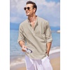 COOFANDY Men’s Cotton Linen Henley T-Shirts Long Sleeve Casual Beach Shirts(Light Khaki)