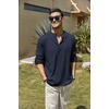 COOFANDY Men’s Cotton Linen Henley T-Shirts Long Sleeve Casual Beach Shirts(Navy Blue)