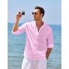 COOFANDY Men’s Cotton Linen Henley T-Shirts Long Sleeve Casual Beach Shirts(Pink)