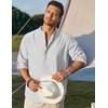 COOFANDY Men’s Cotton Linen Henley T-Shirts Long Sleeve Casual Beach Shirts(White Striped)