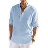 COOFANDY Men’s Cotton Linen Henley T-Shirts Long Sleeve Casual Beach Shirts(Sky Blue)