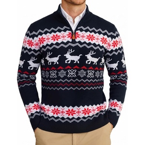 COOFANDY Mens Ugly Christmas Sweater Quarter Zip Holiday Xmas Knit Pullover(B-snowflake Deer (Black))