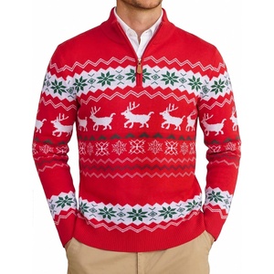 COOFANDY Mens Ugly Christmas Sweater Quarter Zip Holiday Xmas Knit Pullover(B-snowflake Deer (Red))