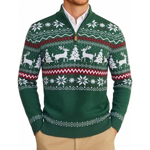 COOFANDY Mens Ugly Christmas Sweater Quarter Zip Holiday Xmas Knit Pullover(C-christmas Tree Deer (Forest Green))