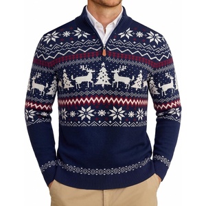 COOFANDY Mens Ugly Christmas Sweater Quarter Zip Holiday Xmas Knit Pullover(C-christmas Tree Deer (Navy))